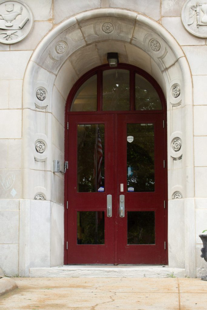 Wooden doors to school